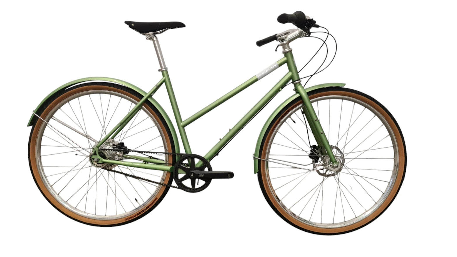 Marilutz Urban- Citybike Riemenantrieb Gates Nexus 7-Gang Scheibenbremse Olive Grün